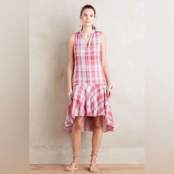Maeve Anthropologie Pippa Pink Plaid Coastal Grandma, Cottagecore Swing Dress XS - Picture 1 of 12